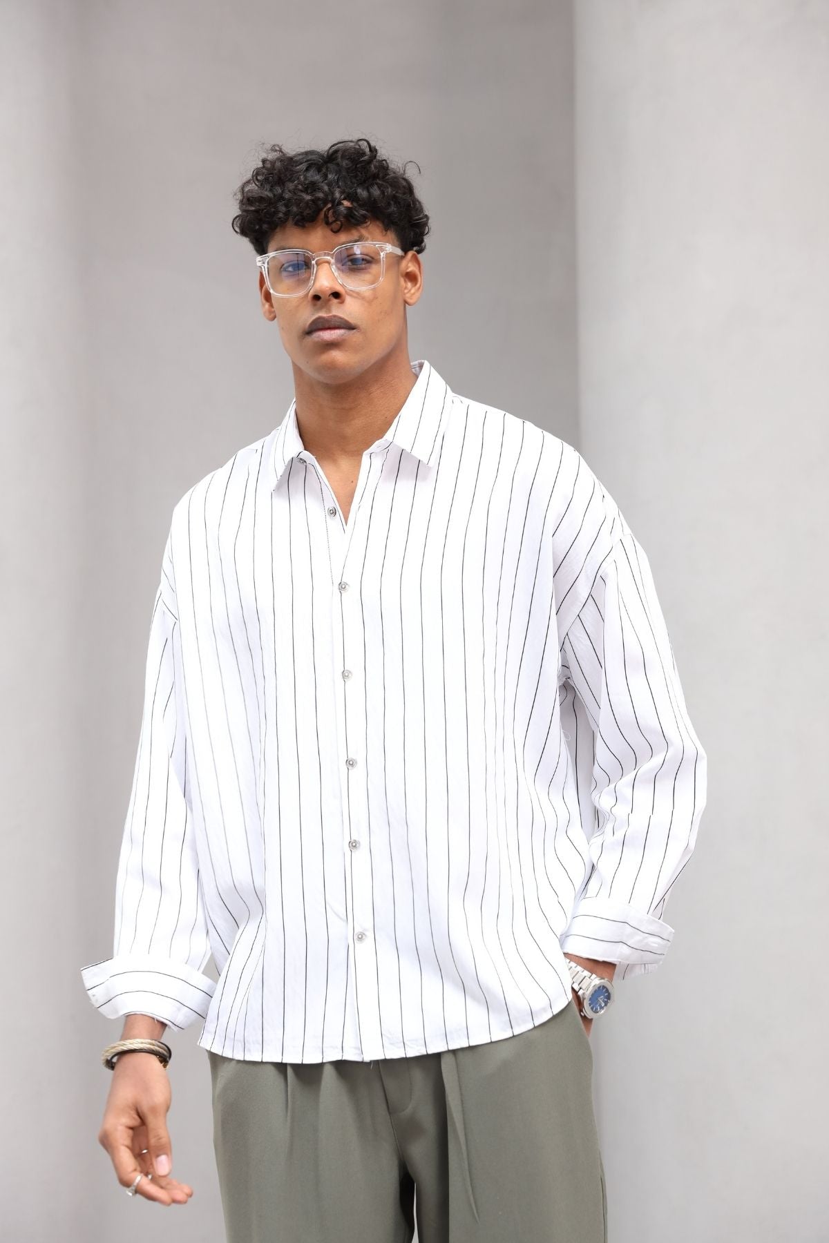 Çizgili Naturel Renk Oversize Erkek Gömlek