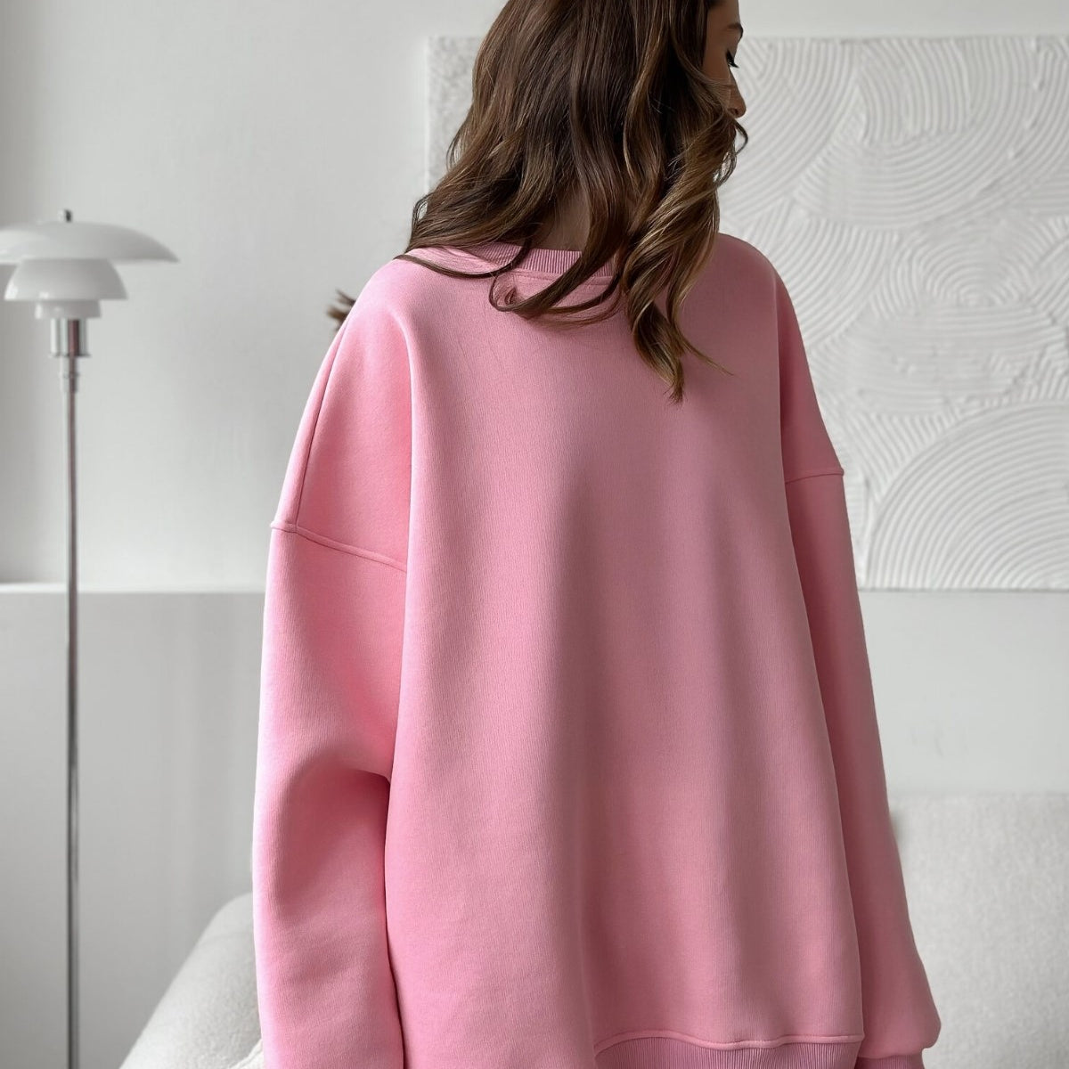 Kadın Oversize Sweatshirt Elbise Basic Pembe – Bisiklet Yaka, 3 İplik Şardonlu Polar