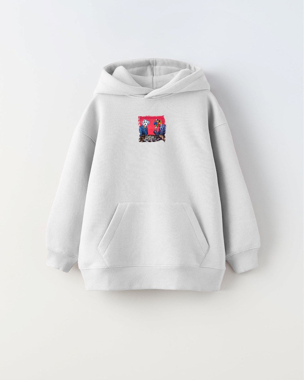 Kapüşonlu İçi Polar Satranç Baskılı Beyaz Unisex Çocuk Hoodie Sweatshirt