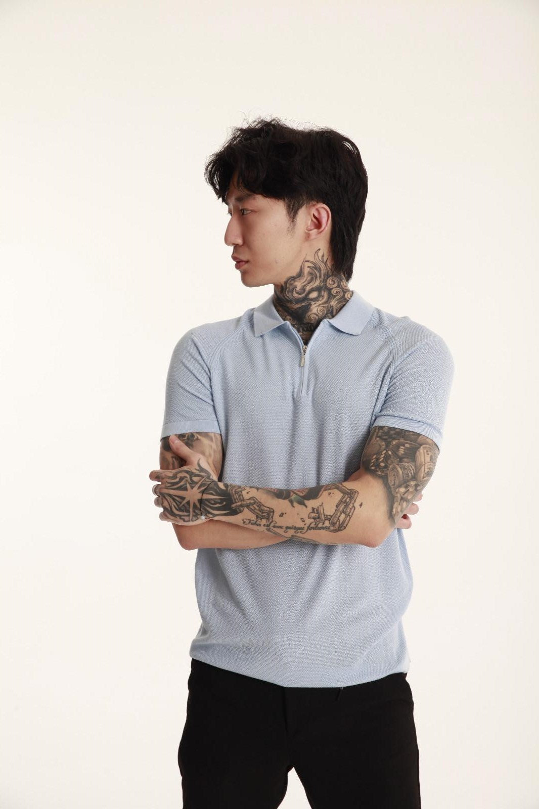 The Champ Polo Yaka Fermuarlı Triko Örme Mavi Erkek T-shirt