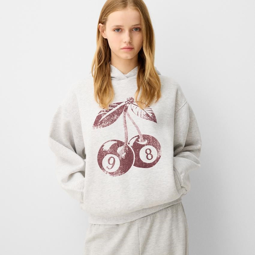 Gri Unisex 98 Cherries Baskılı Main Charactery Enegy Only Yazılı Kapüşonlu Oversize Hoodie