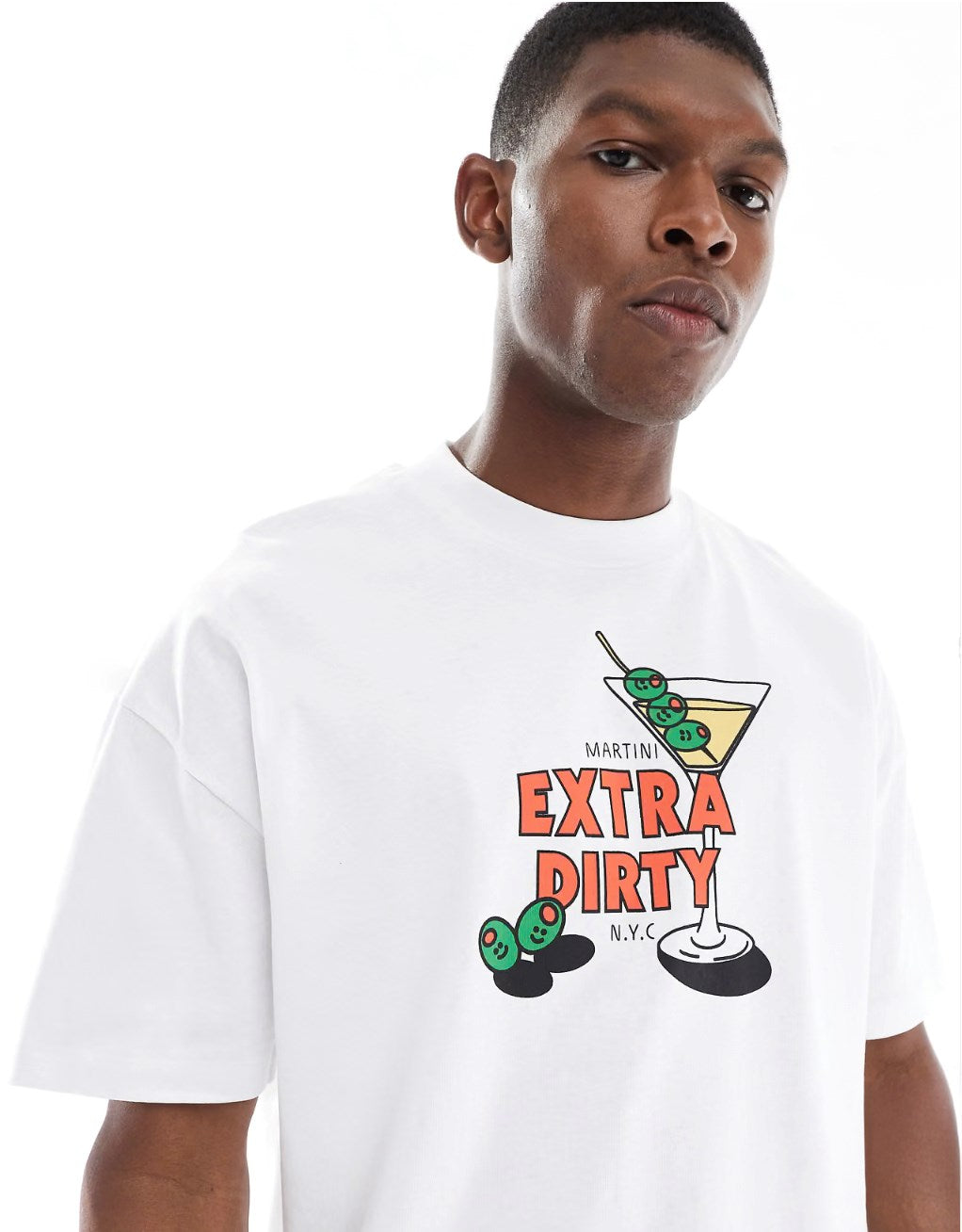 rkek Beyaz Oversize Tişört – Extra Dirty Martini Baskılı Esprili NYC Tasarım
