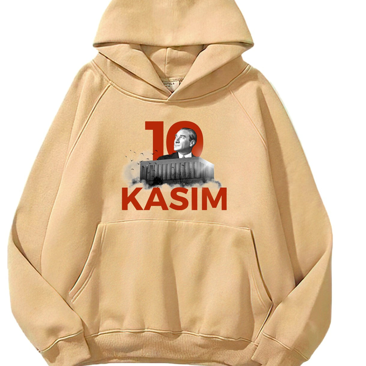 Kapüşonlu İçi Polar Kemal Atatürk 10 Kasım Baskılı Bej Unisex Hoodie Sweatshirt
