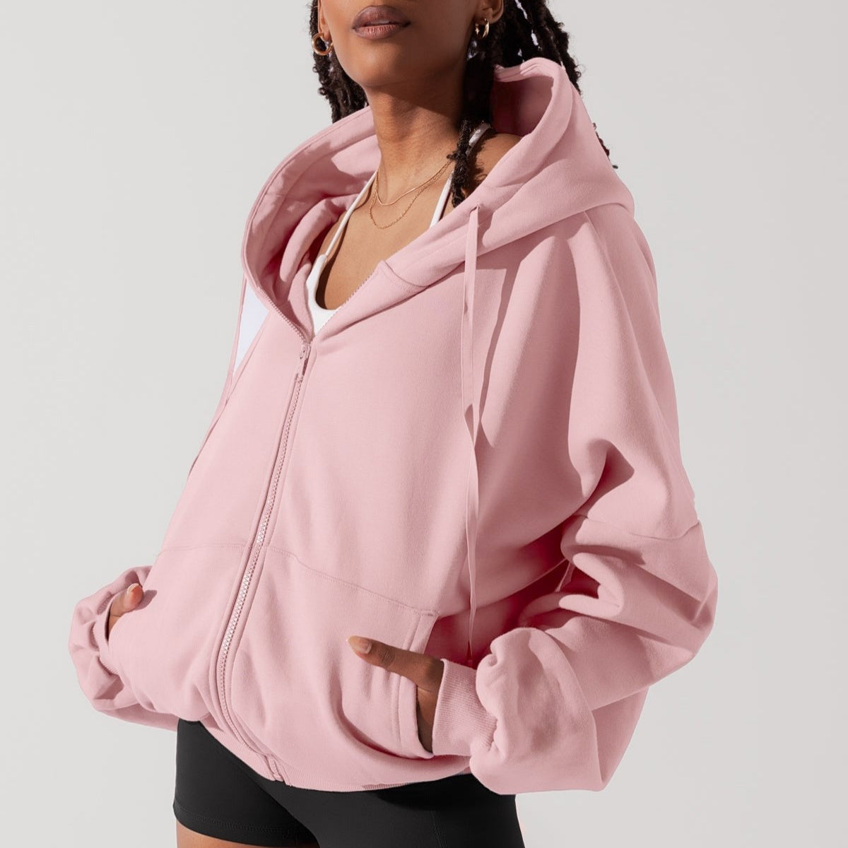 Kadın Pembe Kapüşonlu Sweatshirt Fermuarlı 3 İplik Şardonlu Oversize Kesim