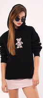 Kapüşonlu İçi Polar Çiçekli Teddy Bear Baskılı Siyah Unisex Hoodie Sweatshirt