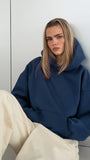Kapüşonlu Içi Polar İndigo Unisex Oversize Hoodie Sweatshirt