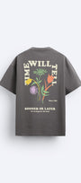 Sooner Or Later Yazılı Lale Tasarım Baskılı Oversize Füme Erkek T-shirt