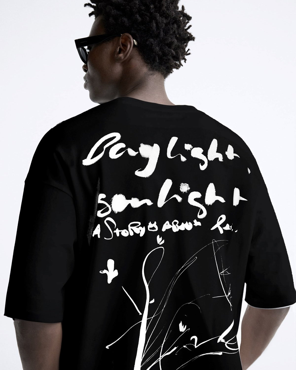 Bisiklet Yaka Bay Light Son Light Baskılı Siyah Oversize Erkek T-shirt