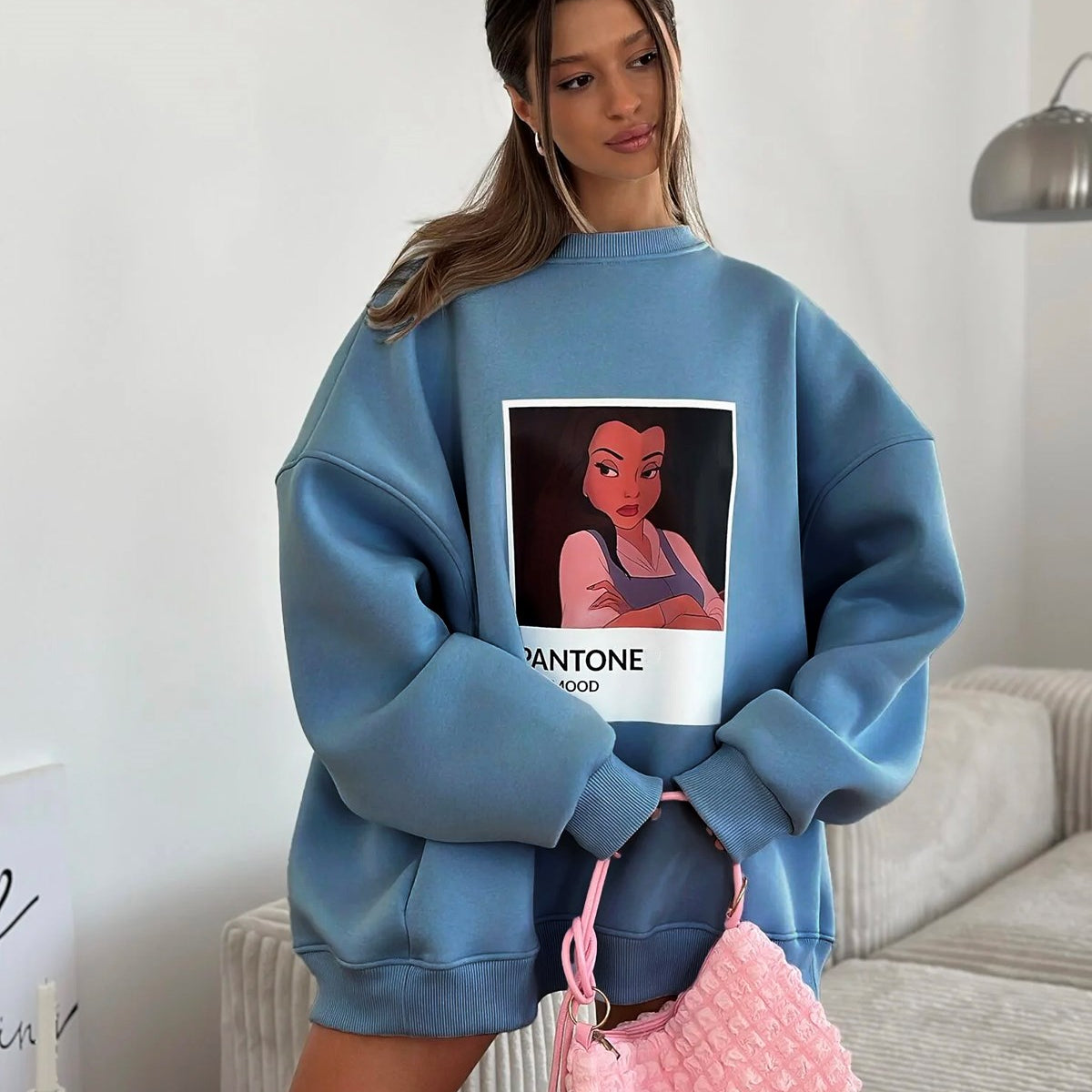 Kadın Oversize Sweat Elbise Marine – 3 İplik Şardonlu , Bisiklet Yaka, Pantone - prenses baskılı