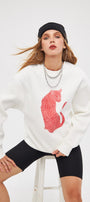 Bisiklet Yaka İçi Polar Leopar Baskılı Beyaz Oversize Sweatshirt