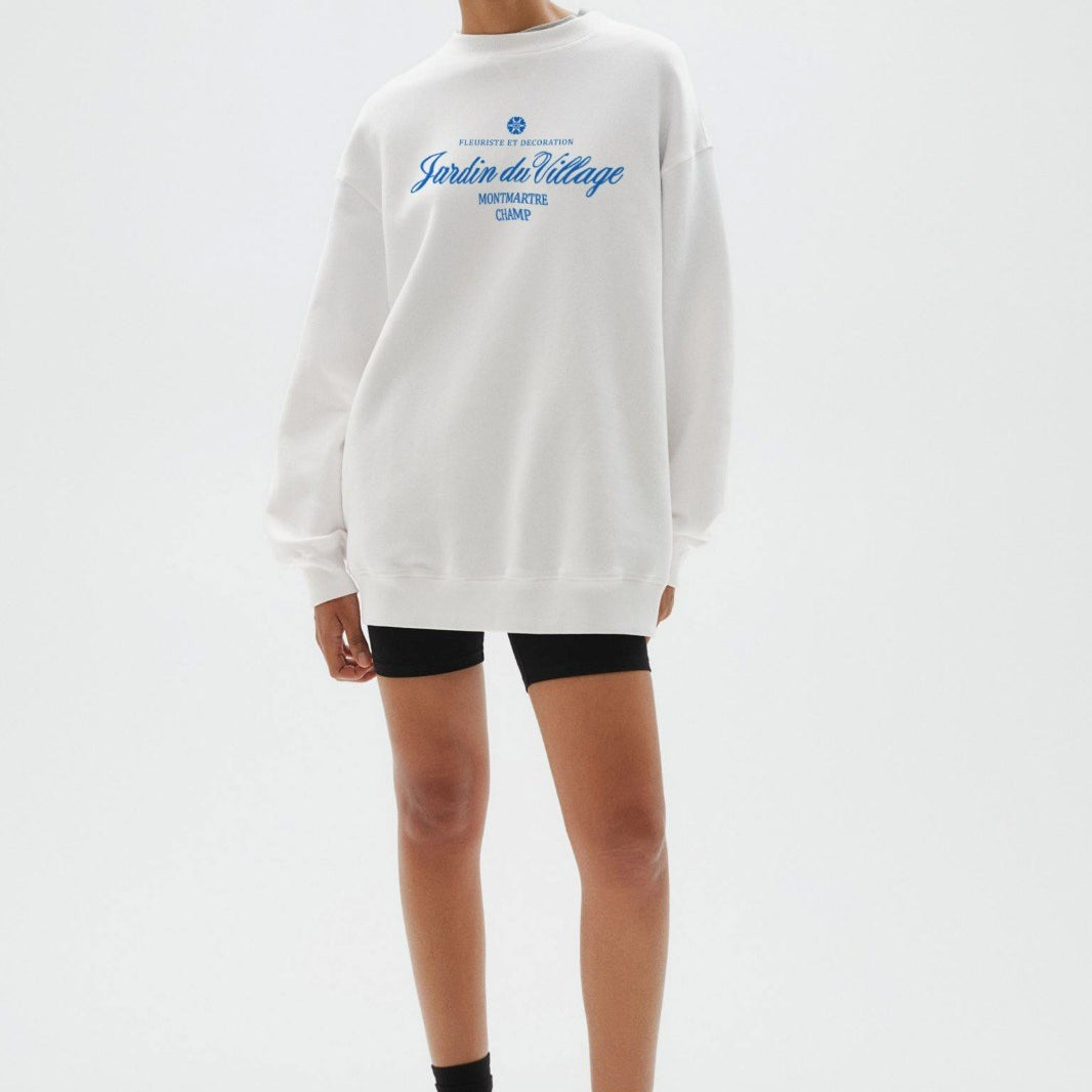 Kadın Beyaz Bisiklet Yaka İçi Polar Jardin Du Village Yazı Baskılı Oversize Sweatshirt