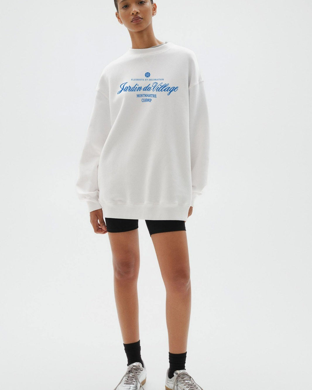 Kadın Beyaz Bisiklet Yaka İçi Polar Jardin Du Village Yazı Baskılı Oversize Sweatshirt