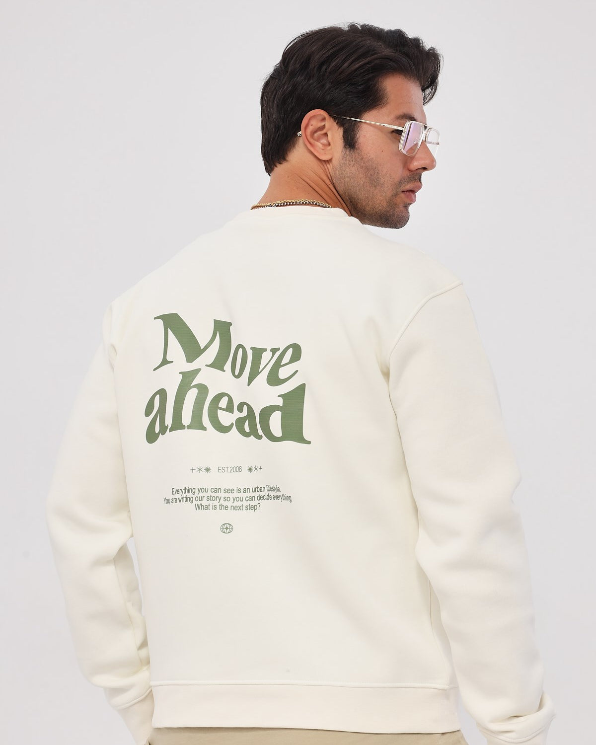 Bisiklet Yaka İçi Polar Move Ahead Yazı Baskılı Beyaz Oversize Sweatshirt