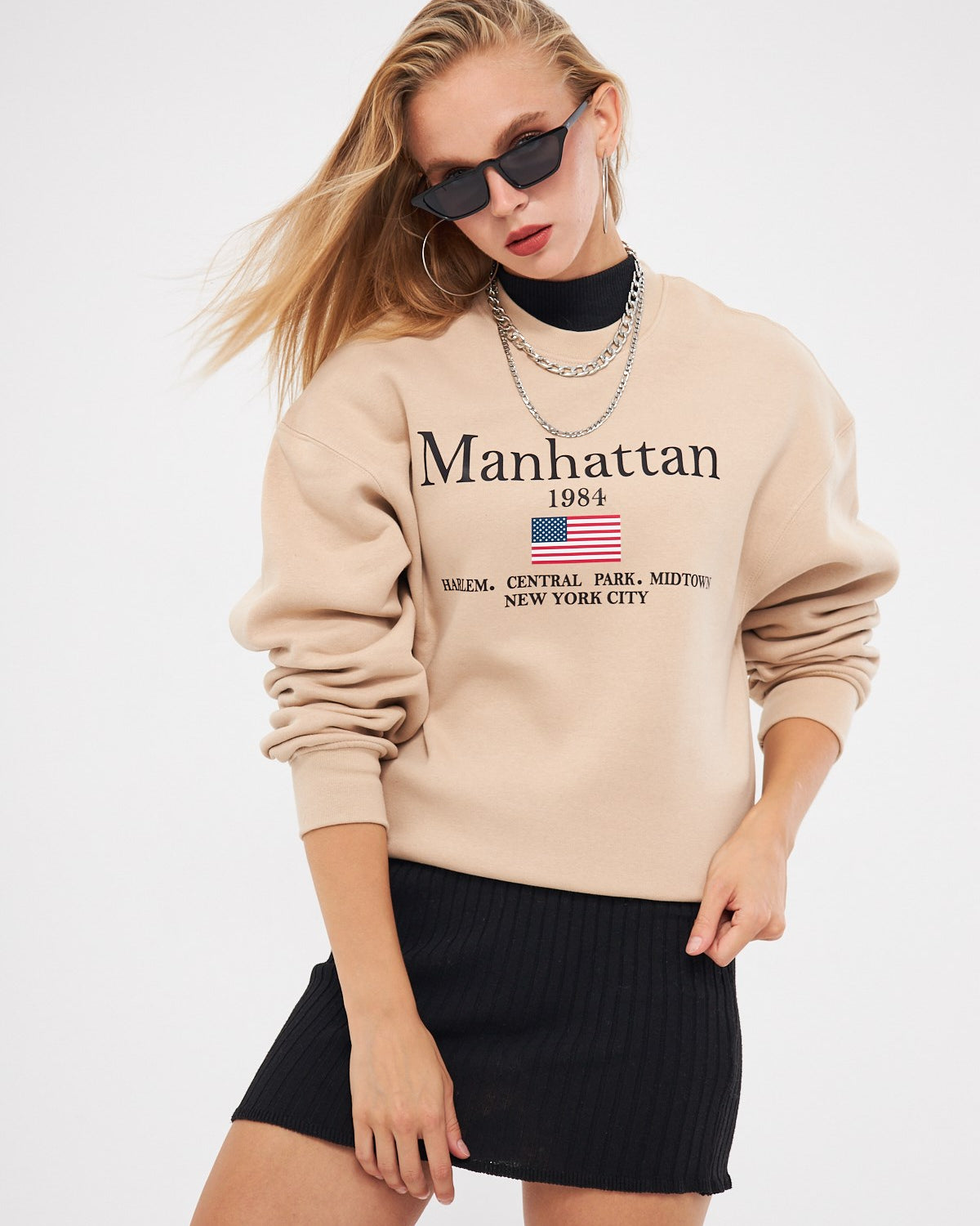 Bisiklet Yaka İçi Polar Manhattan 1984 Yazı Baskılı Bej Oversize Sweatshirt