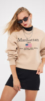 Bisiklet Yaka İçi Polar Manhattan 1984 Yazı Baskılı Bej Oversize Sweatshirt