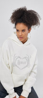 Amor Yazılı Taş Baskılı Kapüşonlu İçi Polar Oversize Beyaz Sweatshirt