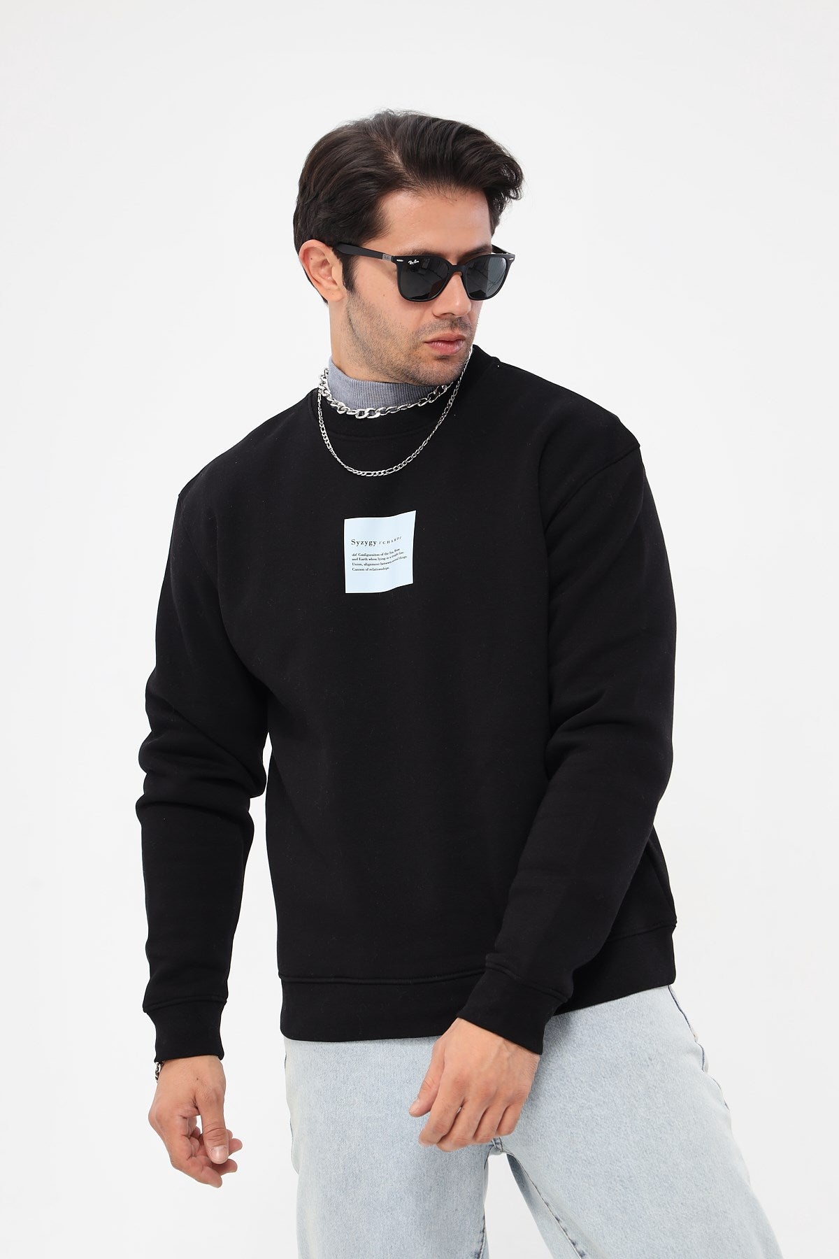 Bisiklet Yaka İçi Polar Syzygy Yazı Baskılı Siyah Oversize Sweatshirt