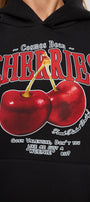 Kapüşonlu İçi Polar Cherries Yazılı Kiraz Baskılı Siyah Oversize Hoodie Sweatshirt