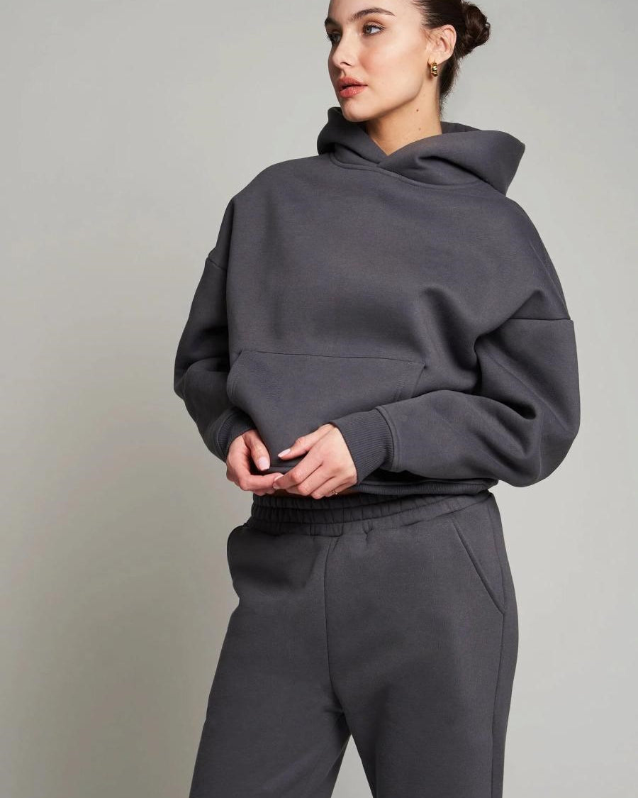 Füme Kapüşonlu Basic Bel Lastikli Boru Paça Cepli Oversize Eşofman Takımı