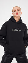 Kapüşonlu İçi Polar Sagittarius Yazılı Taş Baskılı Siyah Oversize Hoodie Sweatshirt