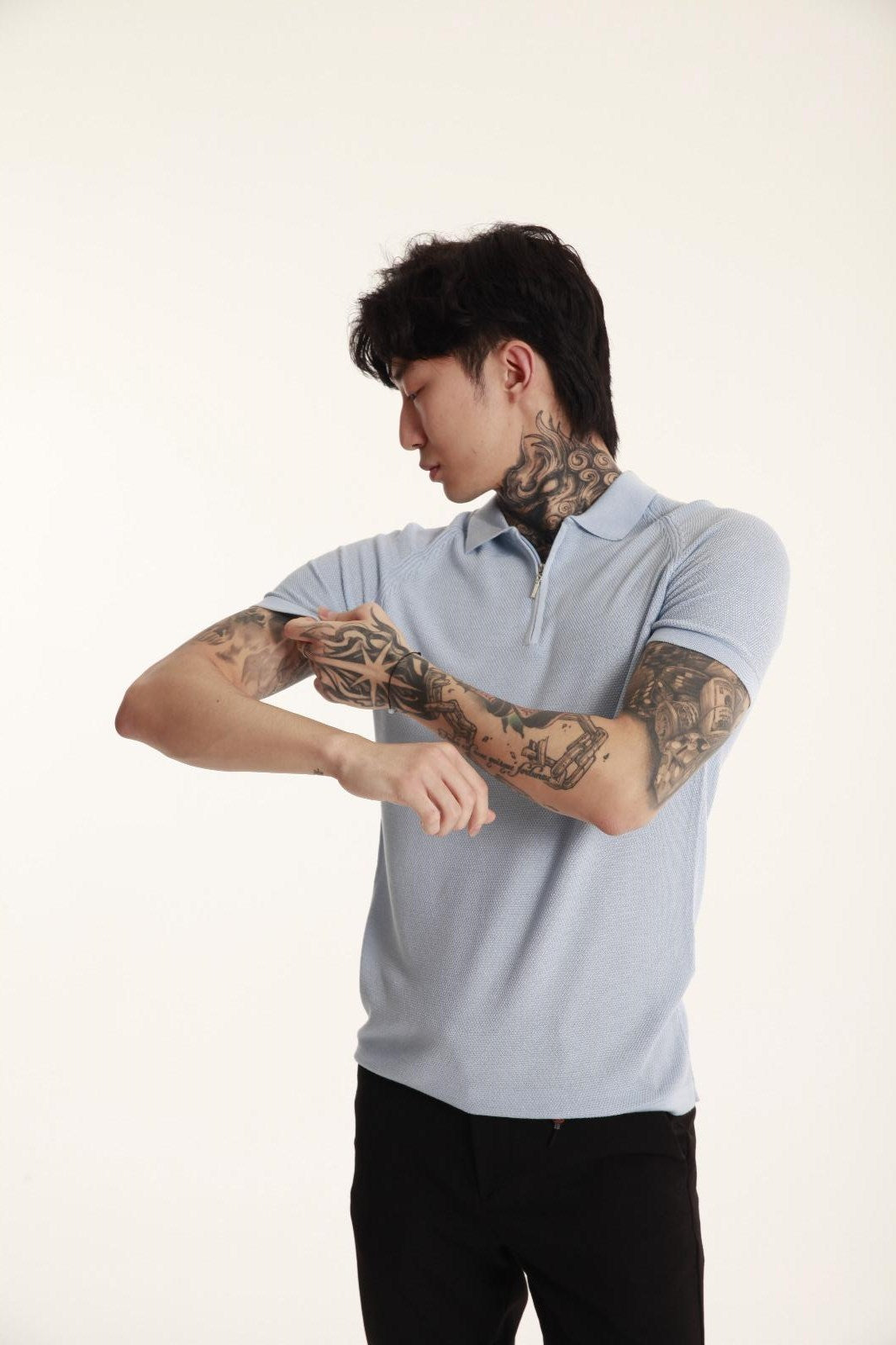 The Champ Polo Yaka Fermuarlı Triko Örme Mavi Erkek T-shirt