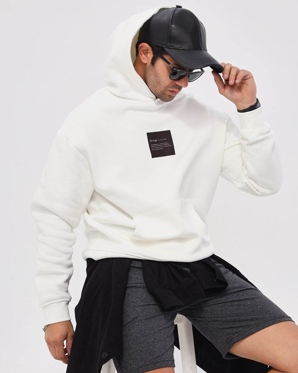 Kapüşonlu İçi Polar Syzygy Yazı Baskılı Beyaz Oversize Hoodie Sweatshirt
