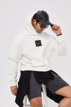 Erkek Oversize Sweatshirt Hoodie Syzygy Yazı Baskılı Beyaz – Kapüşonlu, 3 İplik Şardonlu Polar