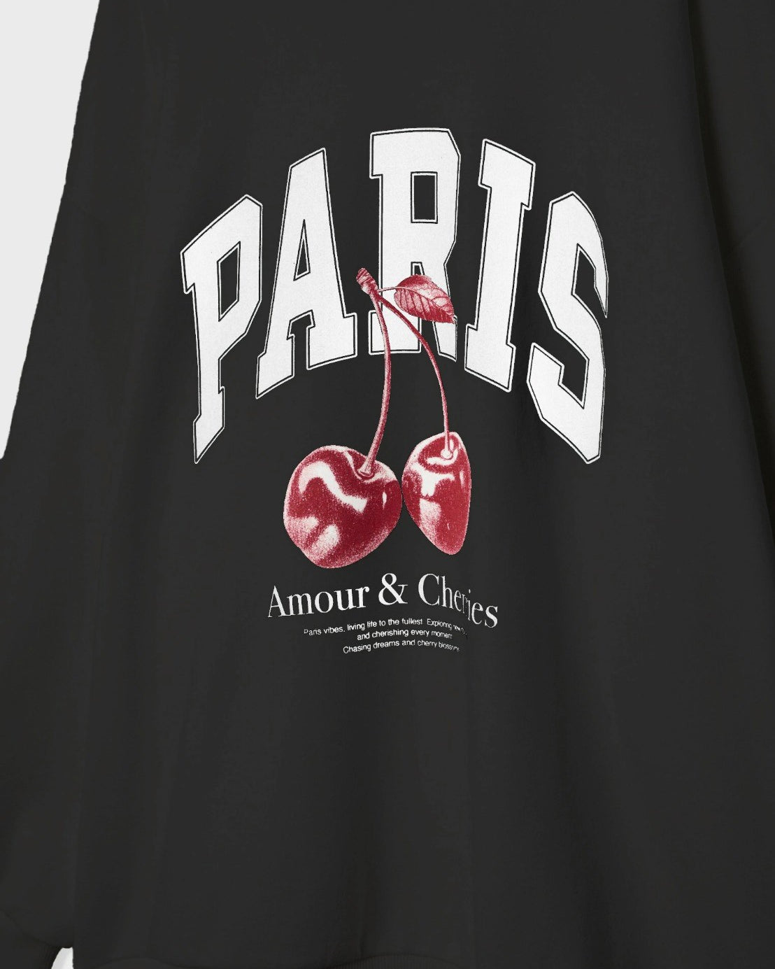 Bisiklet Yaka İçi Polar Paris Yazılı Kiraz Baskılı Siyah Oversize Sweatshirt