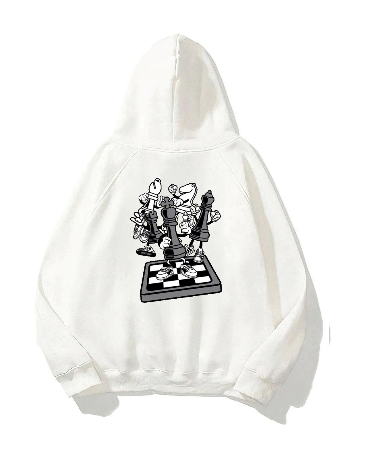 Kapüşonlu İçi Polar Satranç Think Baskılı Beyaz Unisex Oversize Hoodie Sweatshirt
