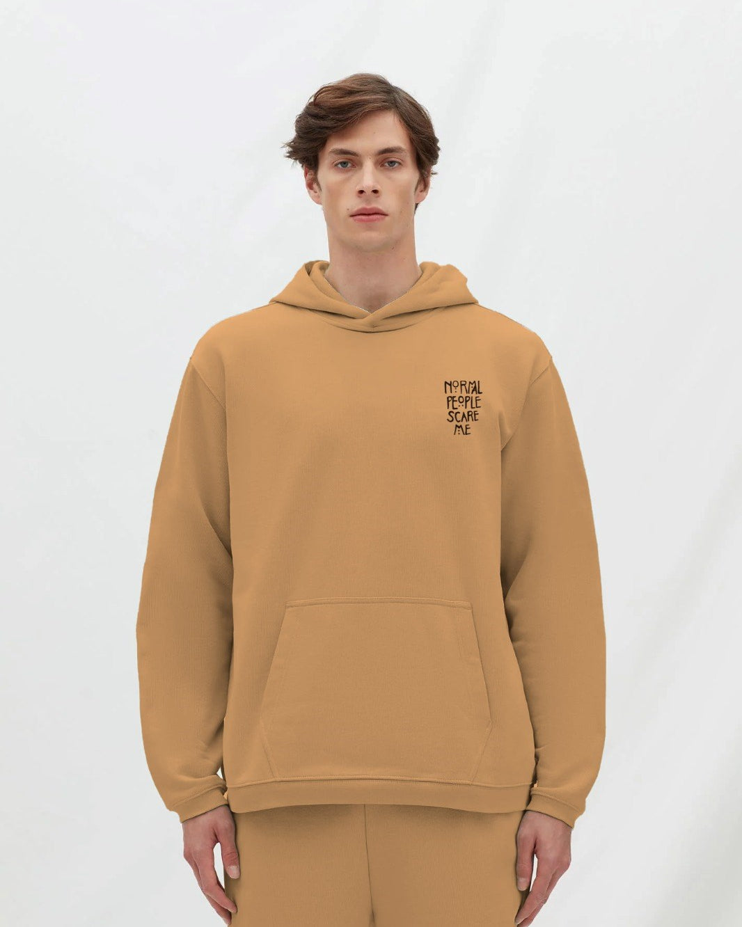 Kapüşonlu İçi Polar Normal People Scare Me Baskılı Bej Unisex Hoodie Sweatshirt
