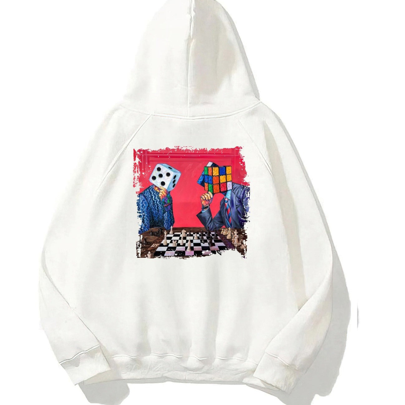 Kapüşonlu İçi Polar Satranç Baskılı Beyaz Unisex Oversize Hoodie Sweatshirt