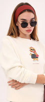 Beyaz Bisiklet Yaka Puantiyeli Ayıcık Baskılı Oversize Unisex Sweatshirt