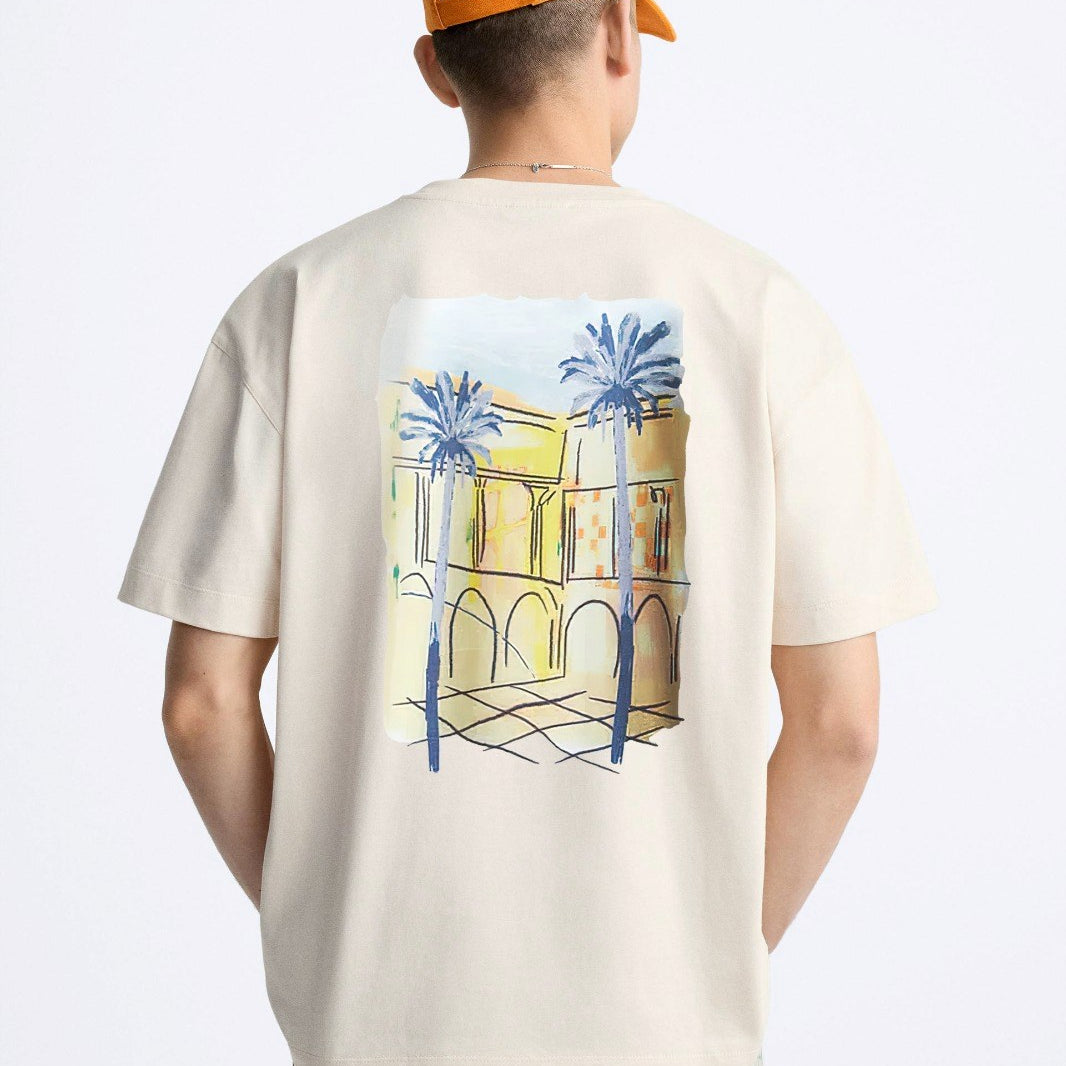 Bisiklet Yaka Palmiye Baskılı Oversize Bej Erkek T-shirt