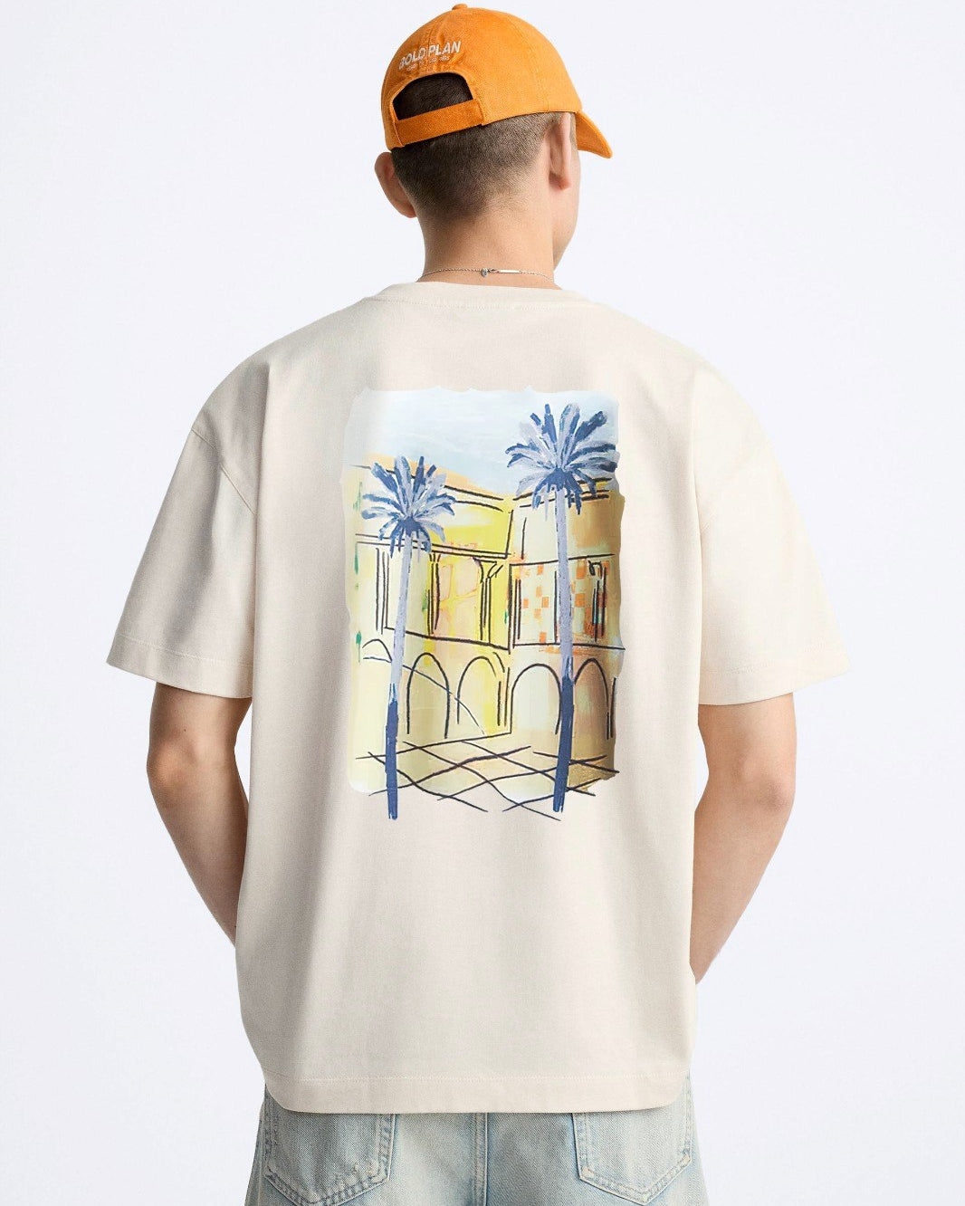 Bisiklet Yaka Palmiye Baskılı Oversize Bej Erkek T-shirt