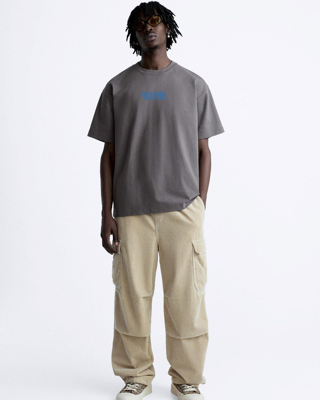 Bisiklet Yaka Peanuts Records Baskılı Oversize Füme Erkek T-shirt