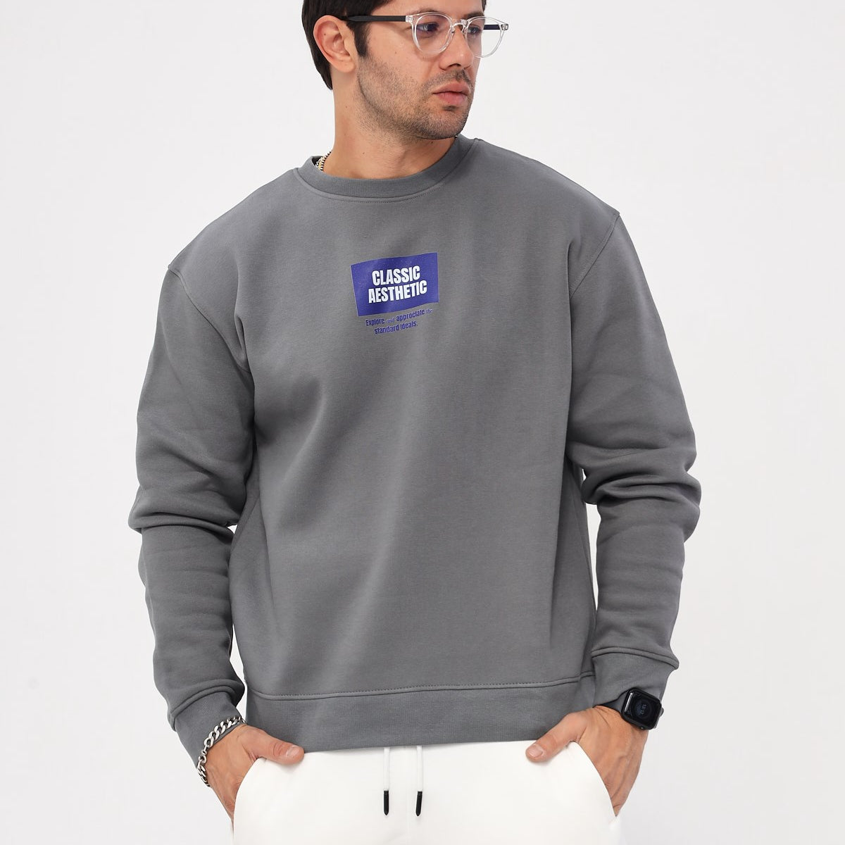 Bisiklet Yaka İçi Polar Classic Atlethic Yazı Baskılı Füme Oversize Sweatshirt