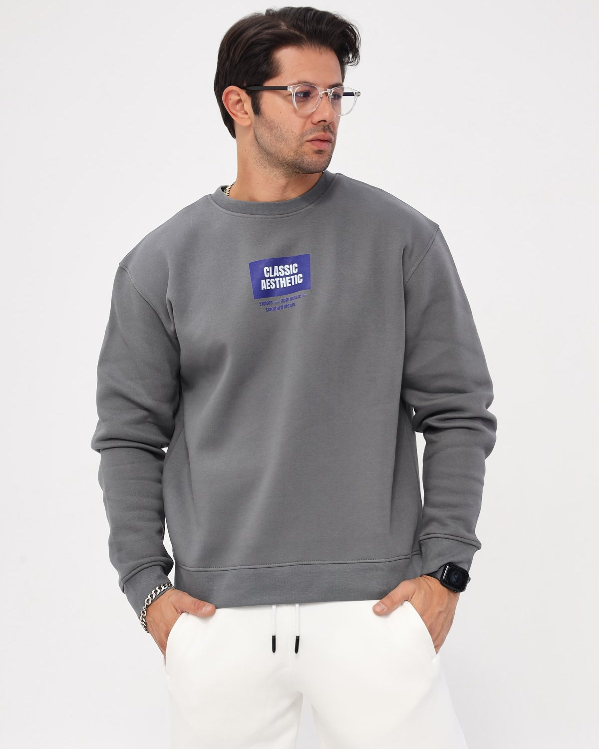 Bisiklet Yaka İçi Polar Classic Atlethic Yazı Baskılı Füme Oversize Sweatshirt