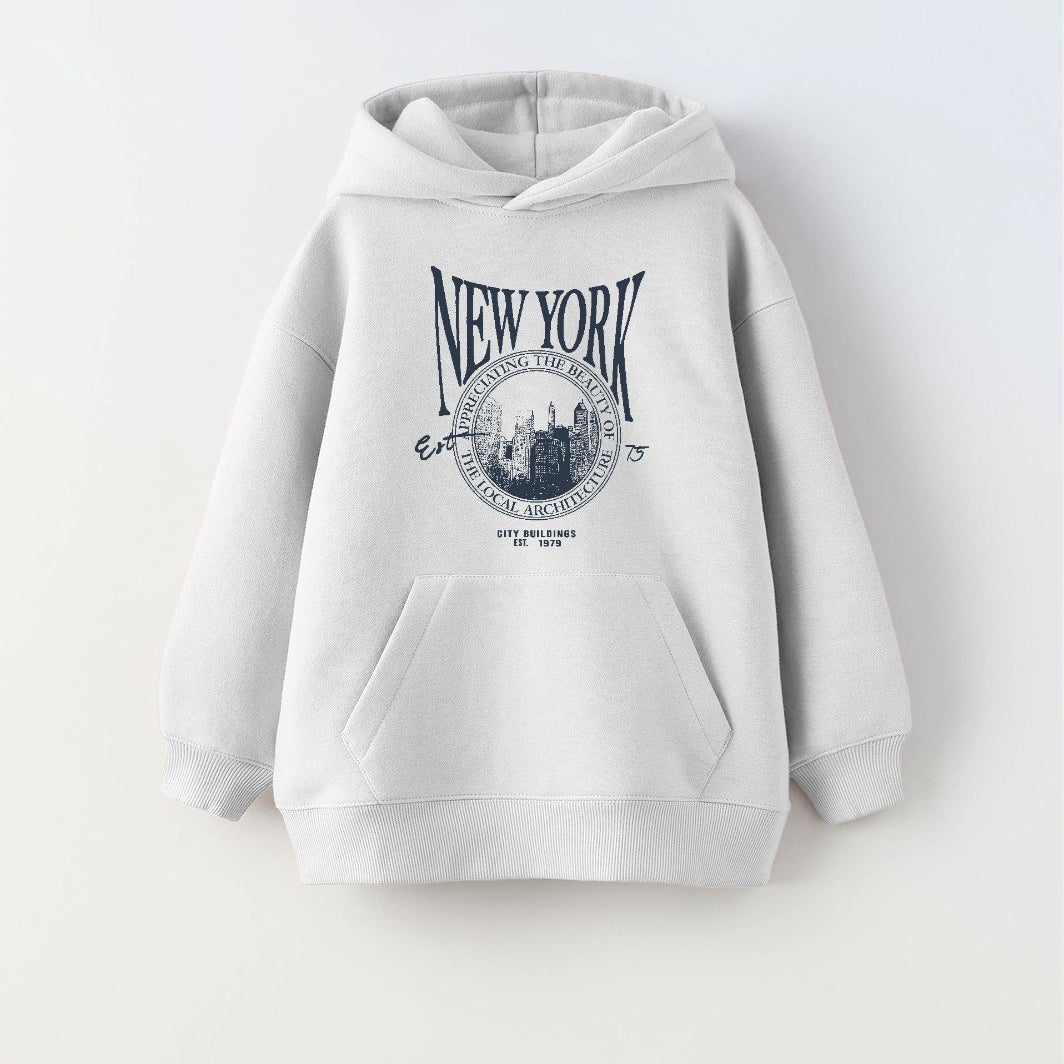 Kapüşonlu İçi Polar New York Yazı Baskılı Beyaz Unisex Çocuk Hoodie Sweatshirt
