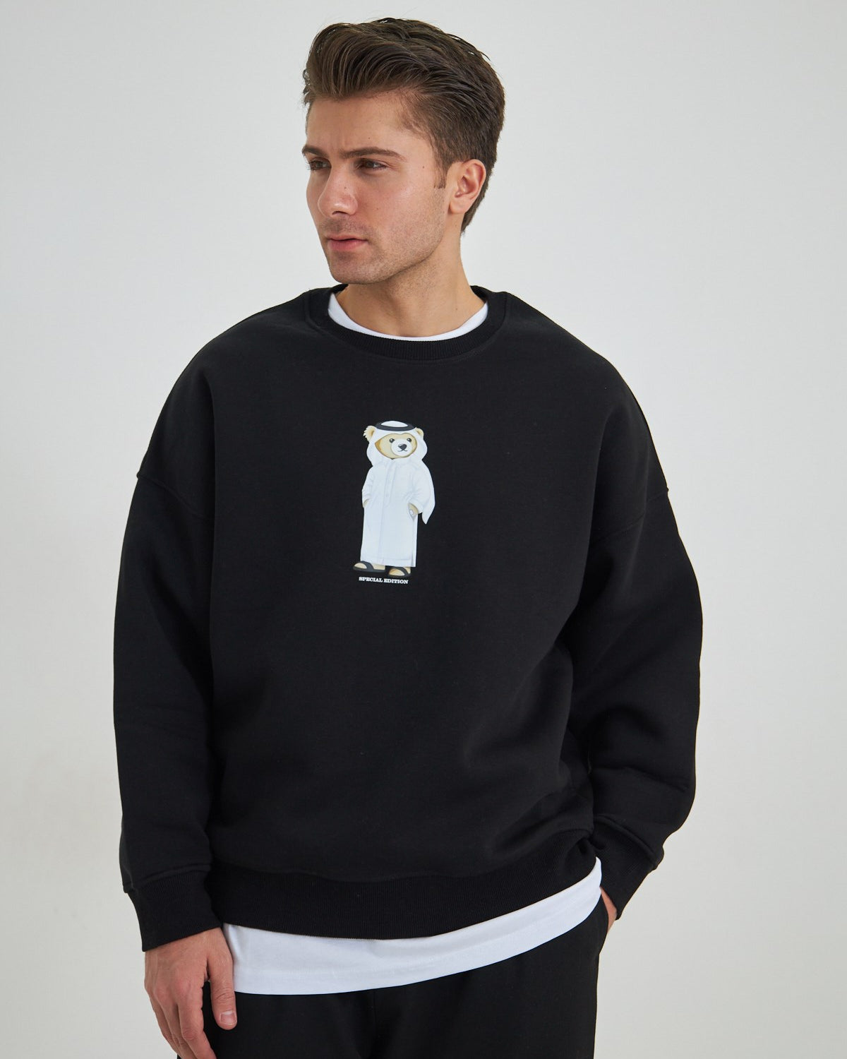 Erkek Special Edition Ayıcık Baskılı Siyah Tişört