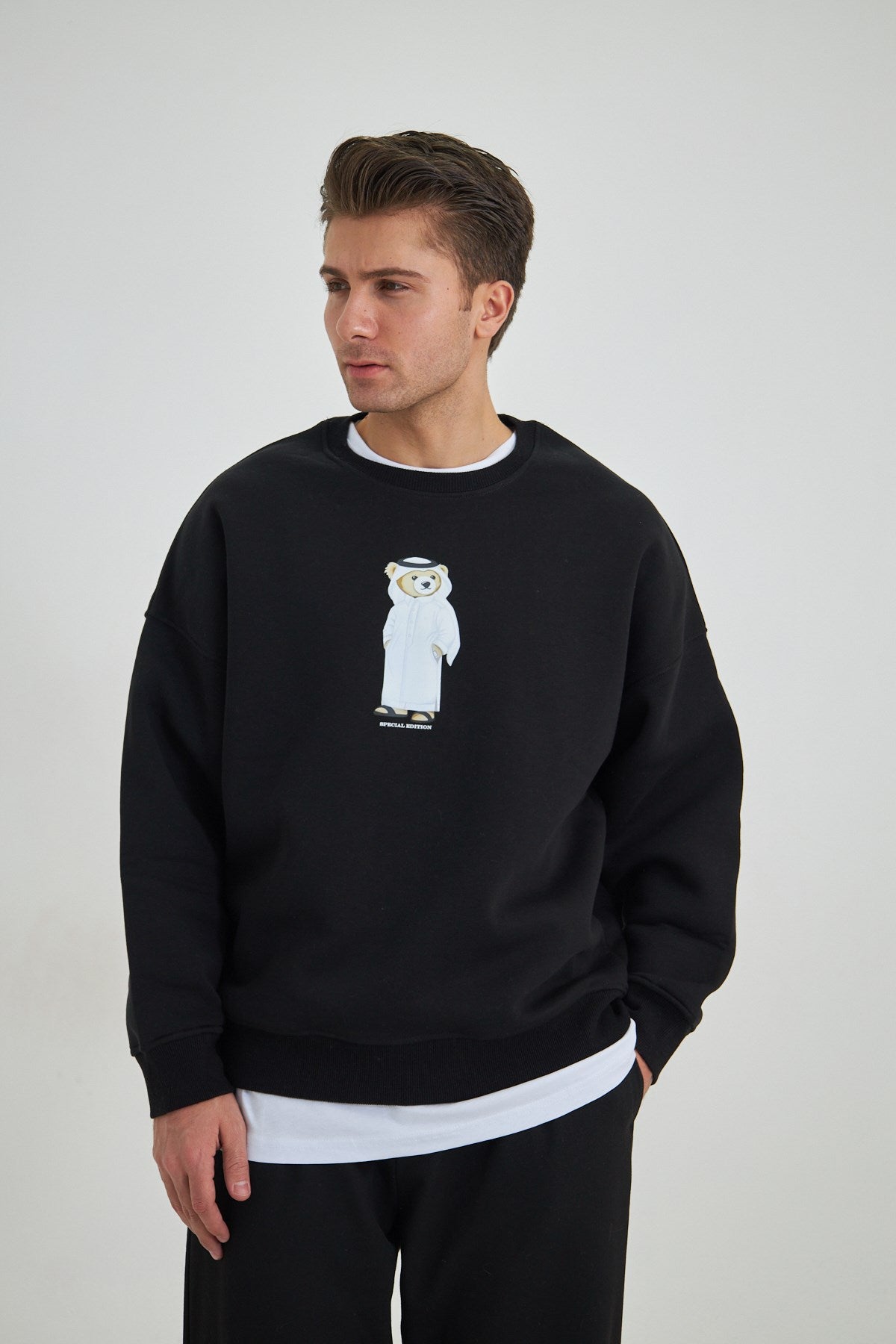 Erkek Special Edition Ayıcık Baskılı Siyah Tişört