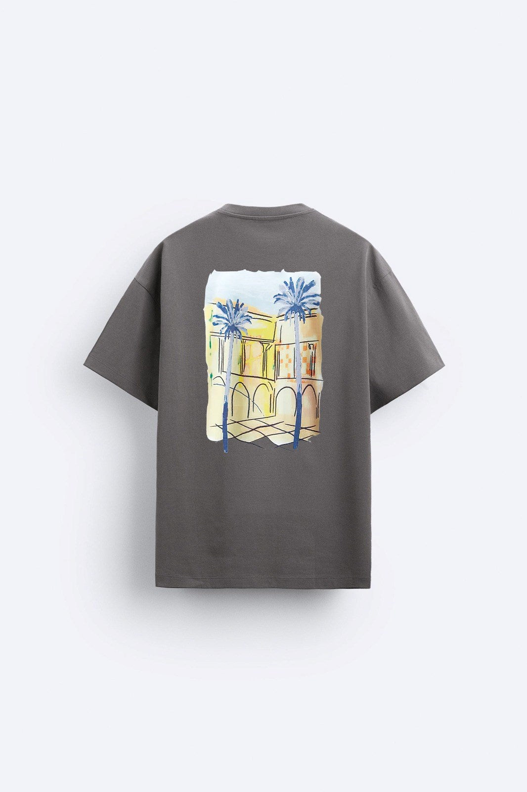 Bisiklet Yaka Palmiye Baskılı Oversize Füme Erkek T-shirt