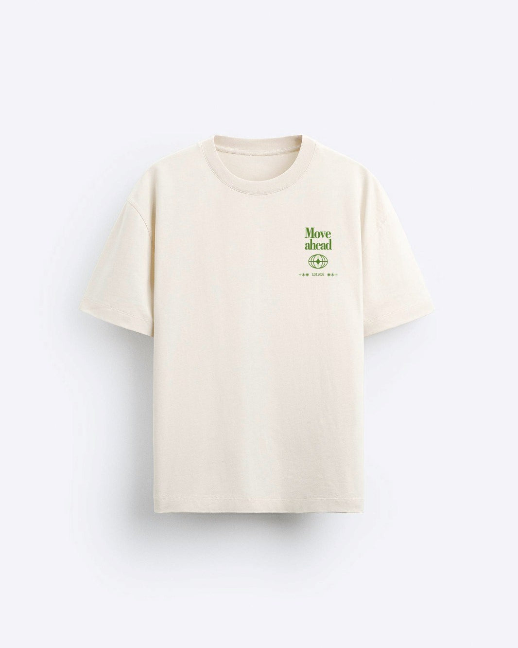 Bisiklet Yaka Move Ahead Yazılı Kordinat Baskılı Oversize Bej Erkek T-shirt