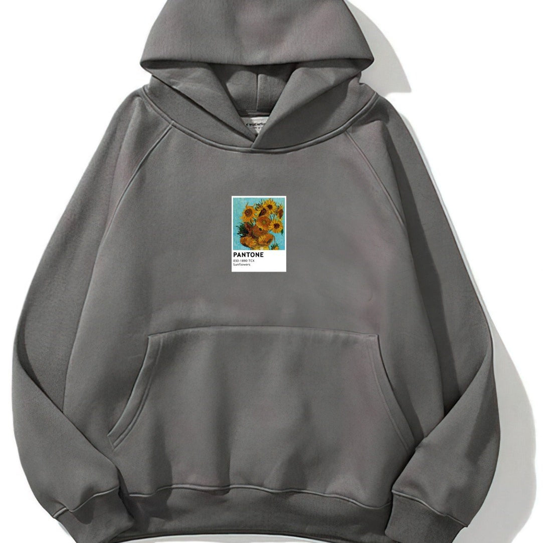 Kapüşonlu İçi Polar Sunflowers Baskılı Füme Unisex Oversize Hoodie Sweatshirt