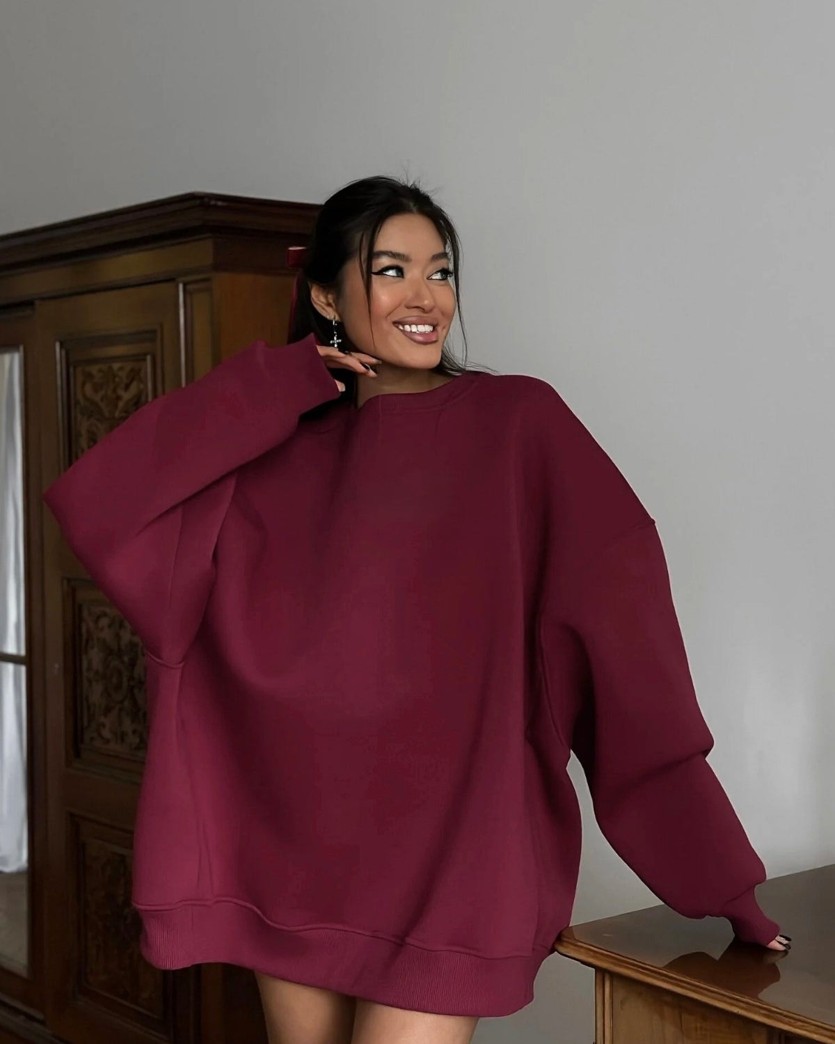 Kadın Oversize Sweatshirt Elbise Basic Bordo – Bisiklet Yaka, 3 İplik Şardonlu Polar