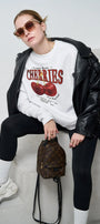 Bisiklet Yaka İçi Polar Cherries Baskılı Beyaz Oversize Sweatshirt