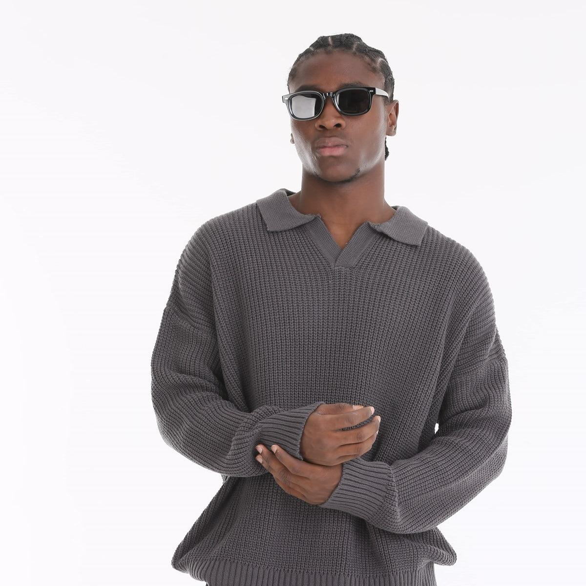 Polo Yaka Örme Triko Fitilli Füme Oversize Erkek Kazak