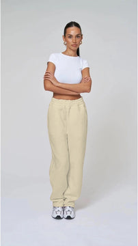 Unisex Beli Lastikli Boru Paça 3 Iplik Bej Eşofman Altı