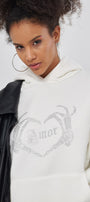 Amor Yazılı Taş Baskılı Kapüşonlu İçi Polar Oversize Beyaz Sweatshirt