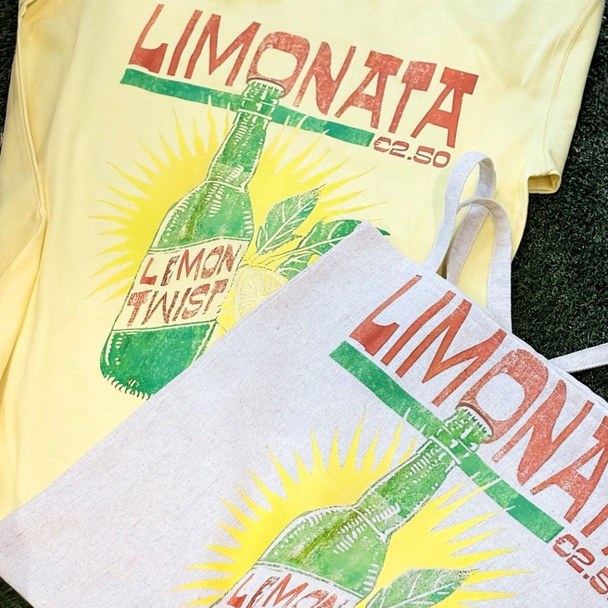 Limonata Baskılı Sarı Oversize Kadın Tişört + Bez Çanta Hediye – %100 Pamuk
