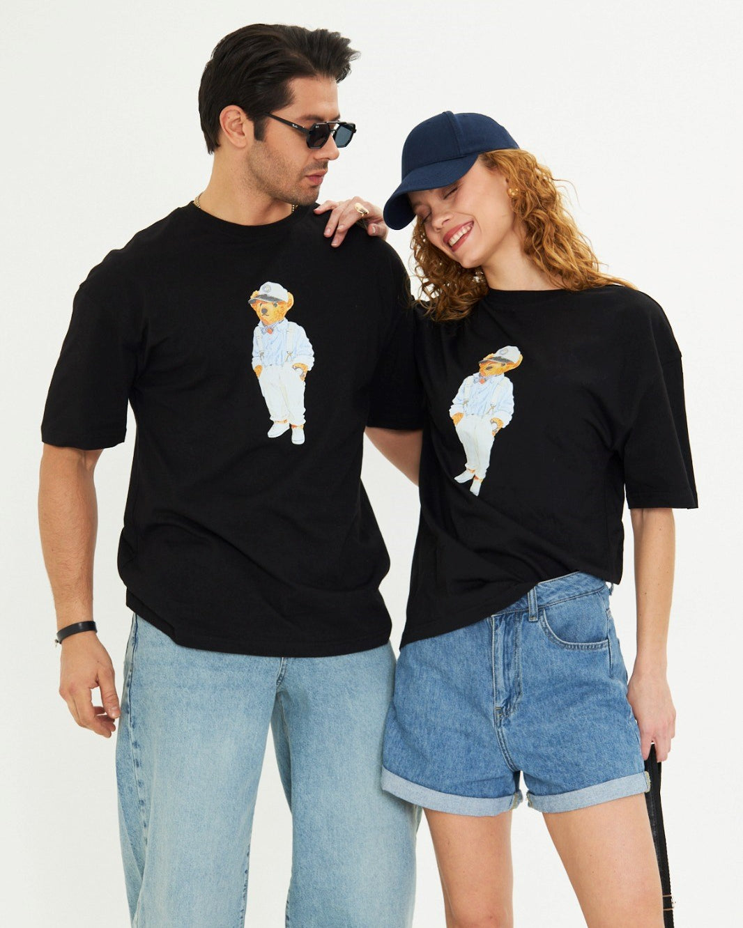 Unisex Siyah Ayıcık Baskılı Oversize Tişört Pamuklu Eğlenceli Çift Kombini Günlük Casual Model